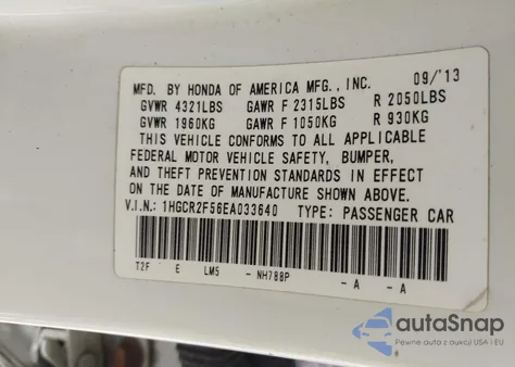 2014 Honda Accord Sport z USA, uszkodzony, nr VIN 1HGCR2F56EA033640